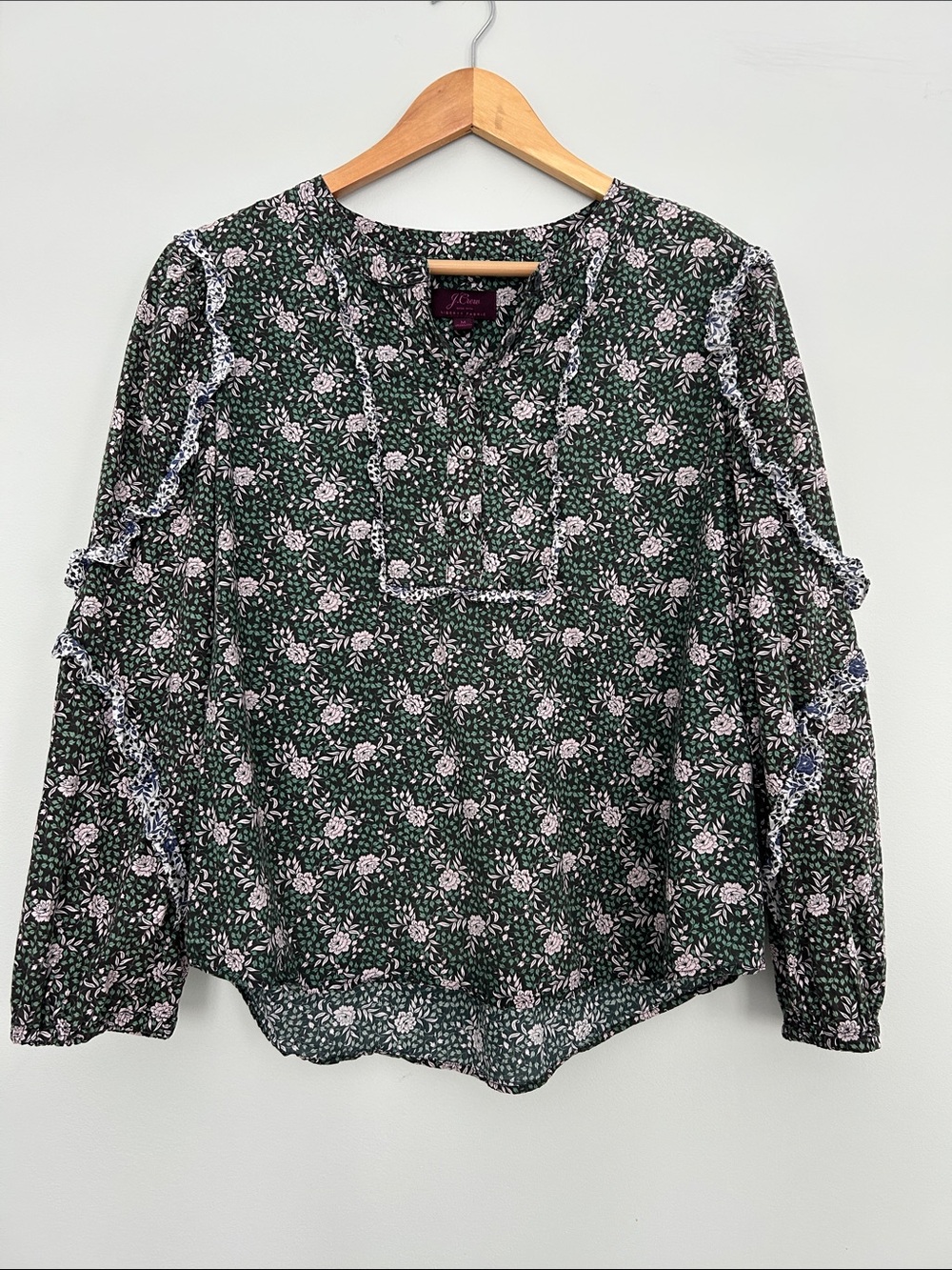 J. Crew Liberty Dark Green Floral Ruffle-Trim Blouse